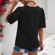 thumbnail image 3 of Top de verano para mujer, camisa informal con cuello en V y mangas cortas cónicas con farol de punto Jacquard, color negro L, 3 of 5