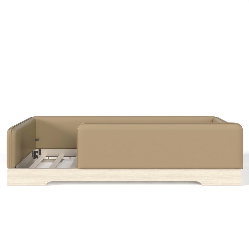 Twin Size Faux Leather Upholstered Floor Bed, Kids Montessori Bed Frame with Removable Guardrail, Low Profile Platform Bed