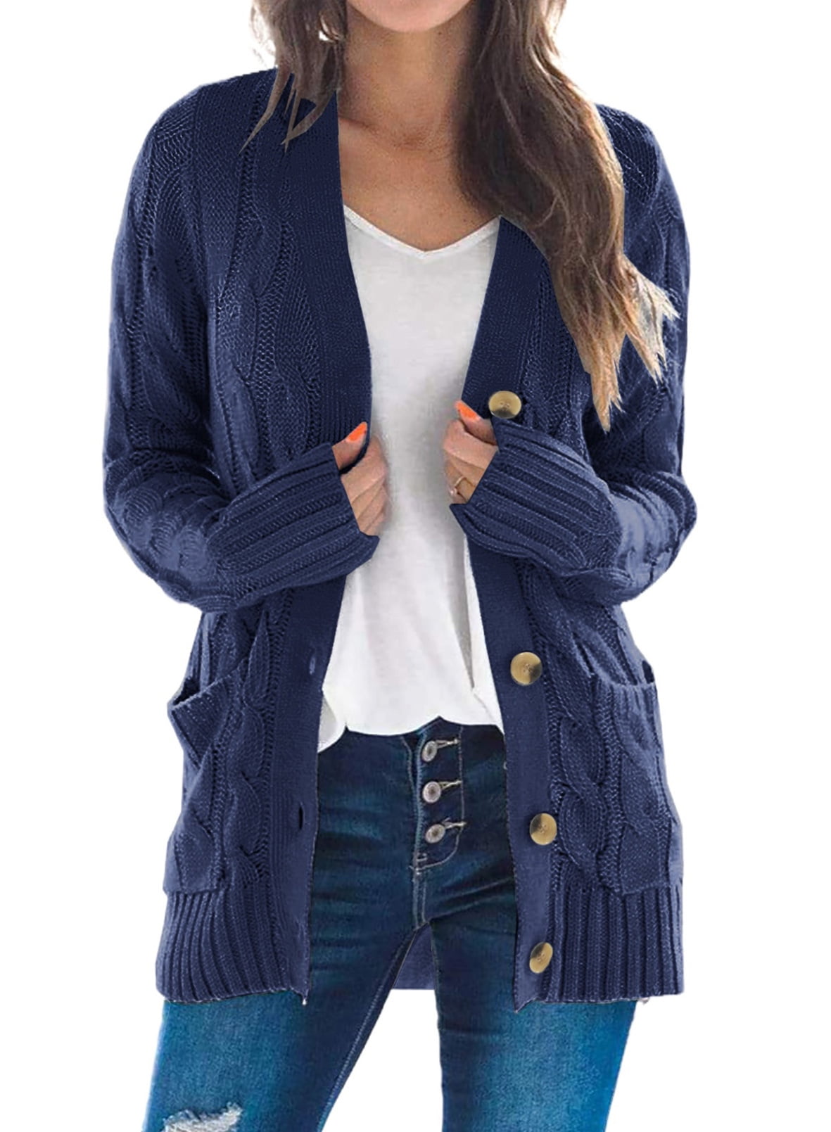 SHEWIN Womens Open Front Cardigans Sweater Chunky Navy Blue Sweaters ...