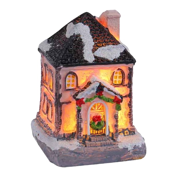 Adorno navideño de resina para casa, edificio de pueblo coleccionable con nieve, decoración del hogar con luz LED, funciona con pilas