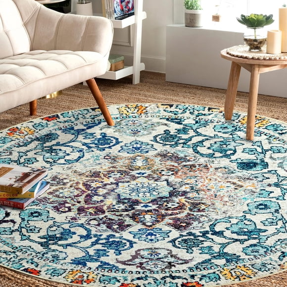 Easy-Going Tapis Rond 6 Pi Tapis Lavable Boho Tapis Ronds pour Salon Tapis Antidérapant pour Chambre Poil Court Léger Médaillon D