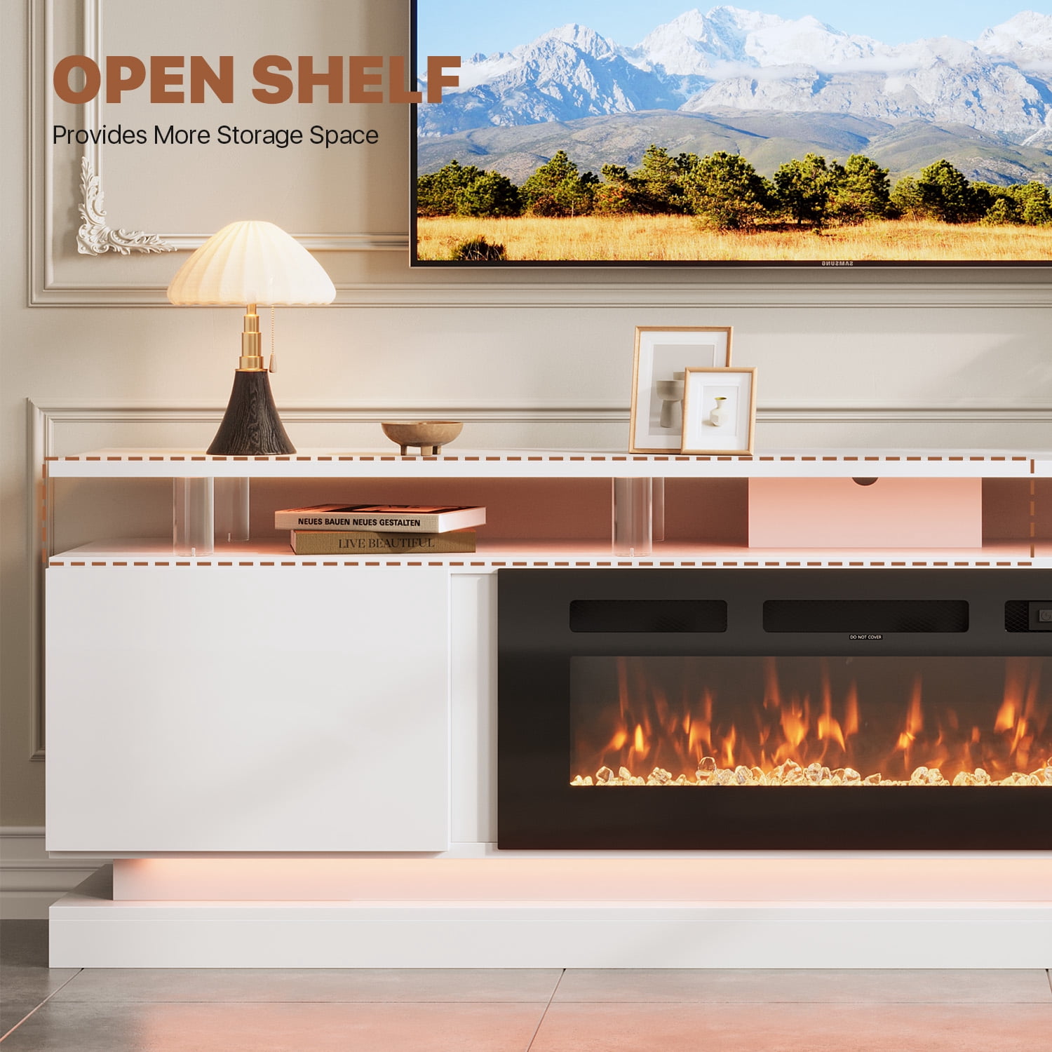 BaPiPro 80" Fireplace TV Stand with Storage, Modern Entertainment Center for TVs Up to 90", White TV Console with 36" Electric Fireplace & LED Lights, White
