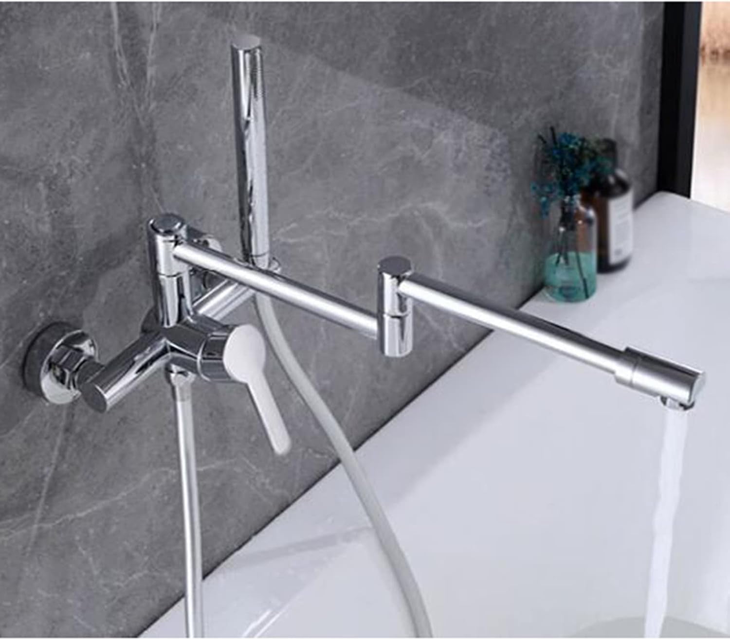 Bathtub Faucet with Shower Folding Hot and Cold Water Brass Swivel Multifunction Bath Taps Wall Mounted-Black