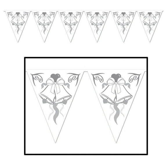Club Pack of 12 Silver and White Wedding Bell Party Pennant Banner Decors 12'