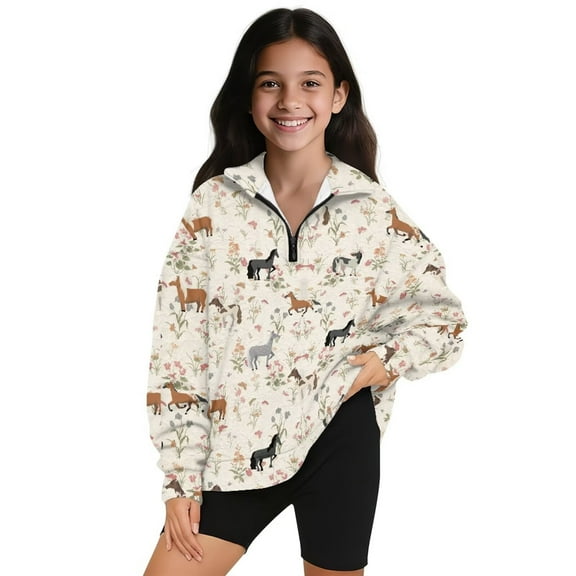 Uorisanigo Girls Half Zip Pullover Sweatshirt Oversized Sweatshirts Casual Western Horse Long Sleeve Pullover Top Kids Quarter Zipper Hoodies No Hood for Fall Winter Spring