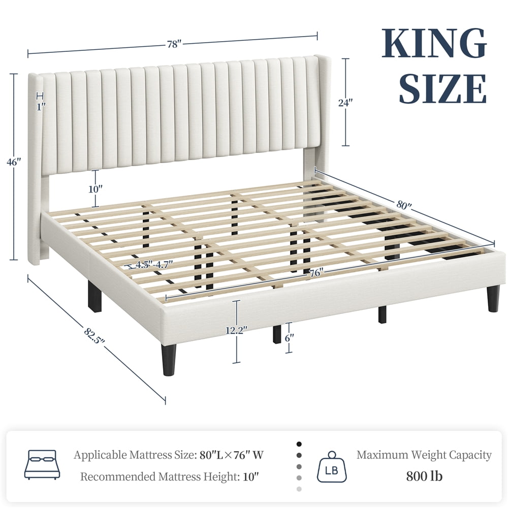 Yaheetech Upholstered Platform Bed Frame with Channel Tufted Headboard, King, Ivory