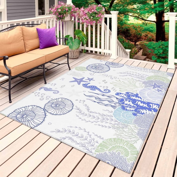 Coastal Purple Outdoor Rug for Patio/Deck/Porch, Non-Slip Large Area Rug 5 x 8 Ft, Ocean Coral Starfish Jellyfish Seahorse Indoor Outdoor Rugs Washable Area Rugs, Reversible Camping Rug Carpet Runner