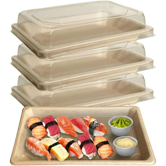 EcoQuality Medium Compostable Sushi Trays with Lids - Natural Sugarcane Bagasse Take Out Sushi Container - Biodegradable Disposable Sushi Plate with Lid Eco Friendly To go Serving Tray (25 PACK)