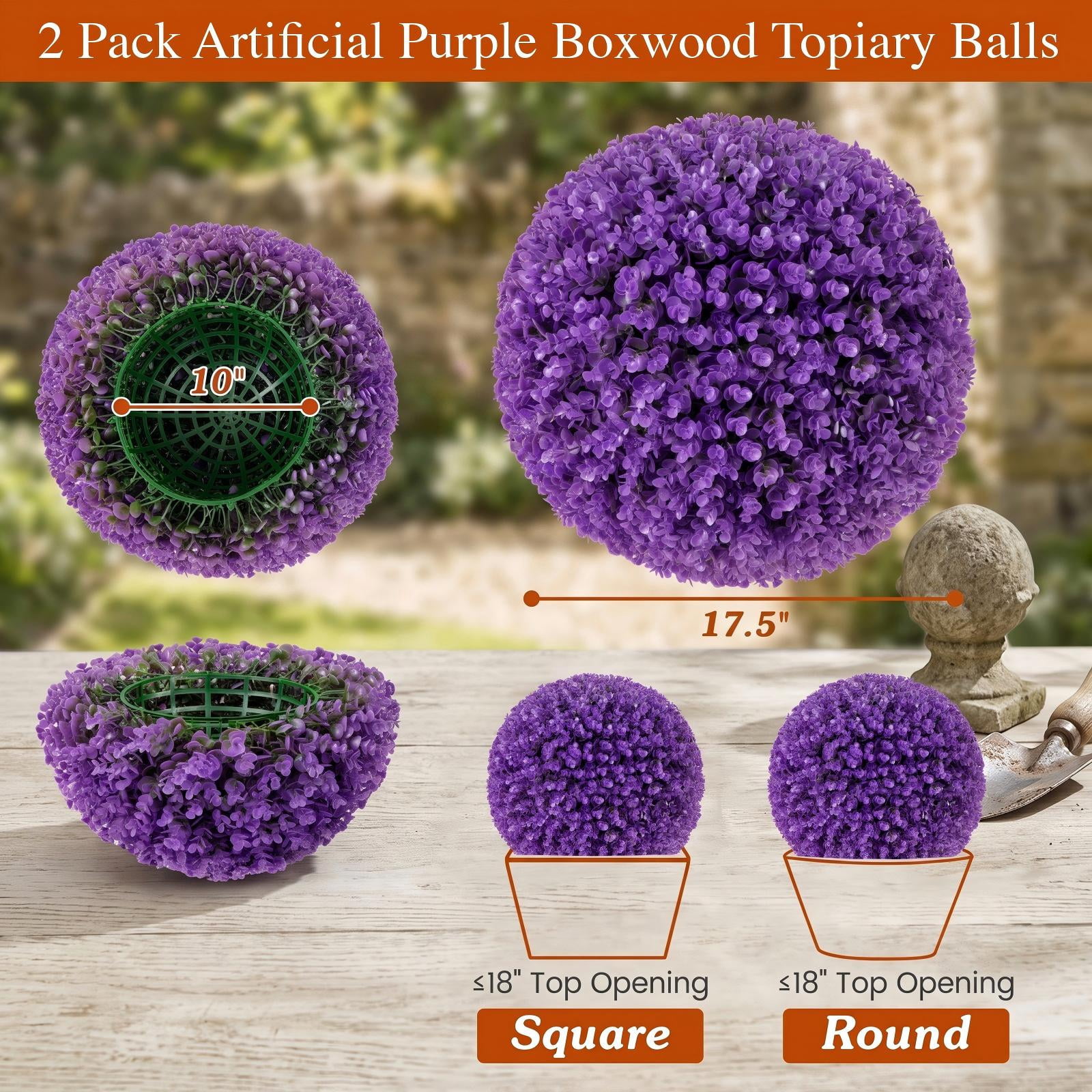 ALPULON 17.5 Inch Artificial Purple Boxwood Topiary Balls 2 Pack, 7-Layer Decorative Plant Spheres for Indoor Outdoor Garden Doorway Lawn, Purple