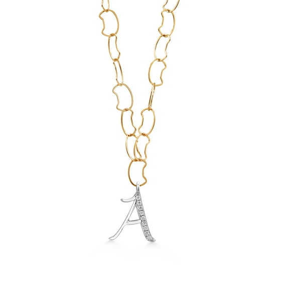 Gem Stone King 925 Silver and 10K Yellow Gold Cat Figure Chain Necklace for Women with Dangling Initial A Letter Charm with Moissanite with 18 inch Heart Shape Solid Gold Chain