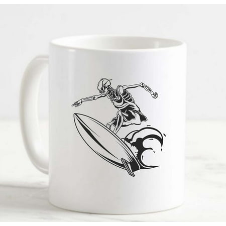 

Coffee Mug Surfer Skeleton Ocean Surf board Water Beach Bum White Coffee Mug Funny Gift Cup