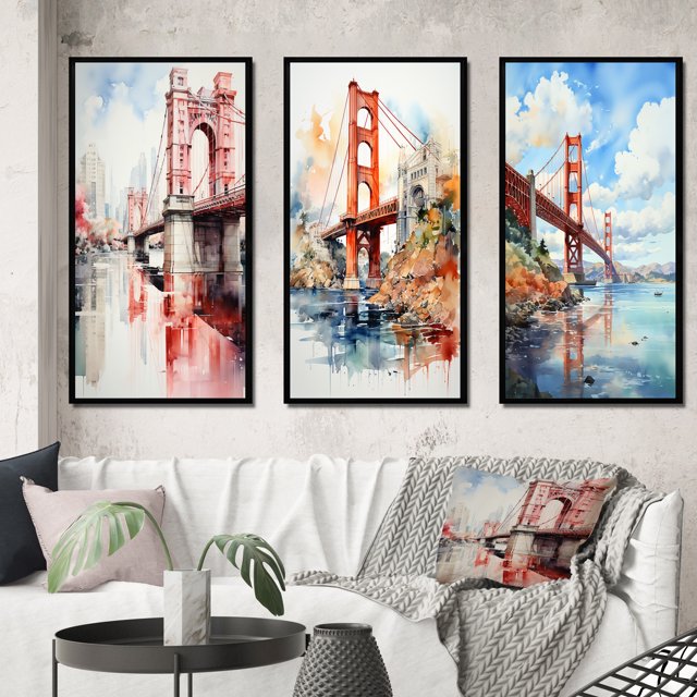 Designart "Architectural Marvel Red Bridge II" Cityscapes Framed Wall Art Set Of 3 - Red Bridges Frame Canvas Set For Living Room Decor