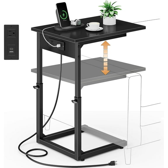 C Shaped End Table with Charging Station, Adjustable Height Small Side Table for Couch, Tall Sofa Table End Tables, Slide Under Sofa TV Tray Arm Tables for Living Room, Bedroom,Bedside, Black