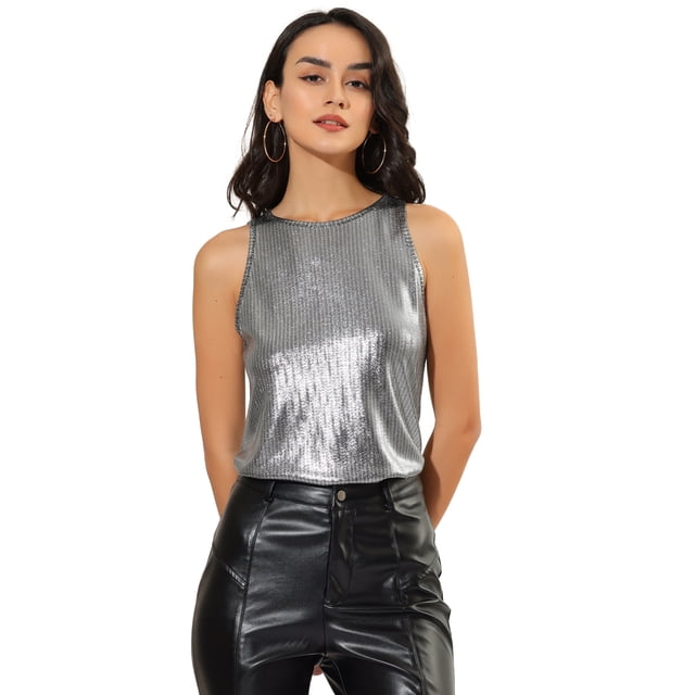INSPIRE CHIC Camiseta Sin Mangas Con Chaleco Brillante Metálico Brillante Sin Mangas Para Fiesta Y Club Para Mujer Plateado oscuro XS