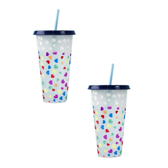 Oleegame 2 Pcs Bouteille en Verre Tasse d'Eau Créative Tasse en Forme de Cœur Tasse en Paille en Plastique PP Tasse en Forme de Cœur en Plastique Transparent avec Paille 710ml Changement à Froid Tasse en Plastique Sensible à la Température