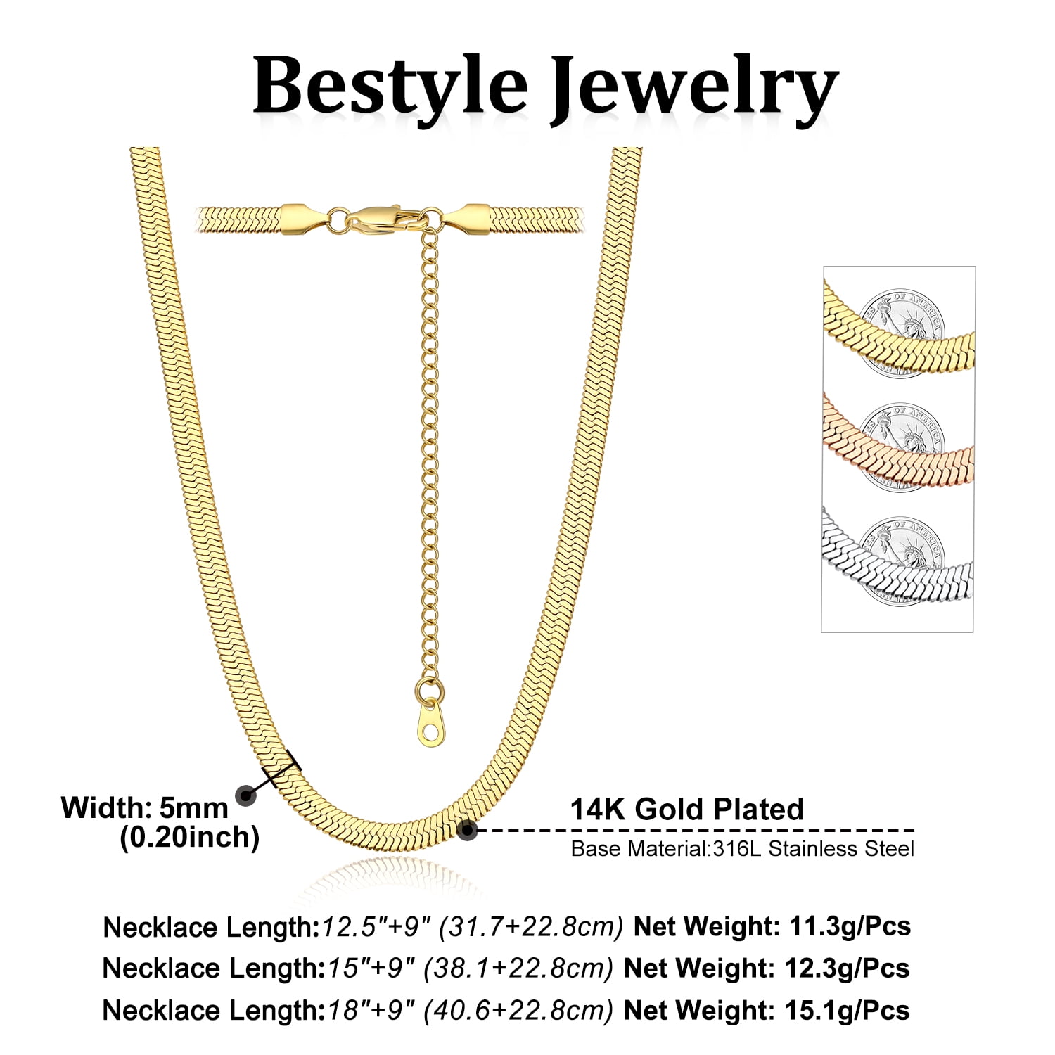 Bestyle 14K Gold Plated Choker Necklace for Women, 5mm Flat Herringbone Snake Chain Necklace Jewelry for Everyday Wear Birthday Mother's Day