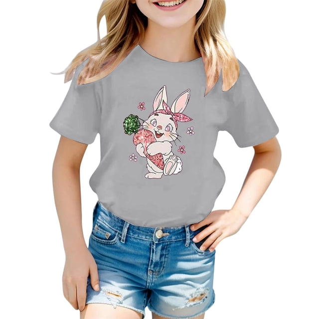 PMVFHDE T-Shirt pour Filles T-Shirts pour Filles T-Shirts pour Filles Graphiques Hauts d'Été pour Filles 2025 Imprimé pour Enfants Col Rond Manches Courtes T-Shirt Gris, 2-3 Ans