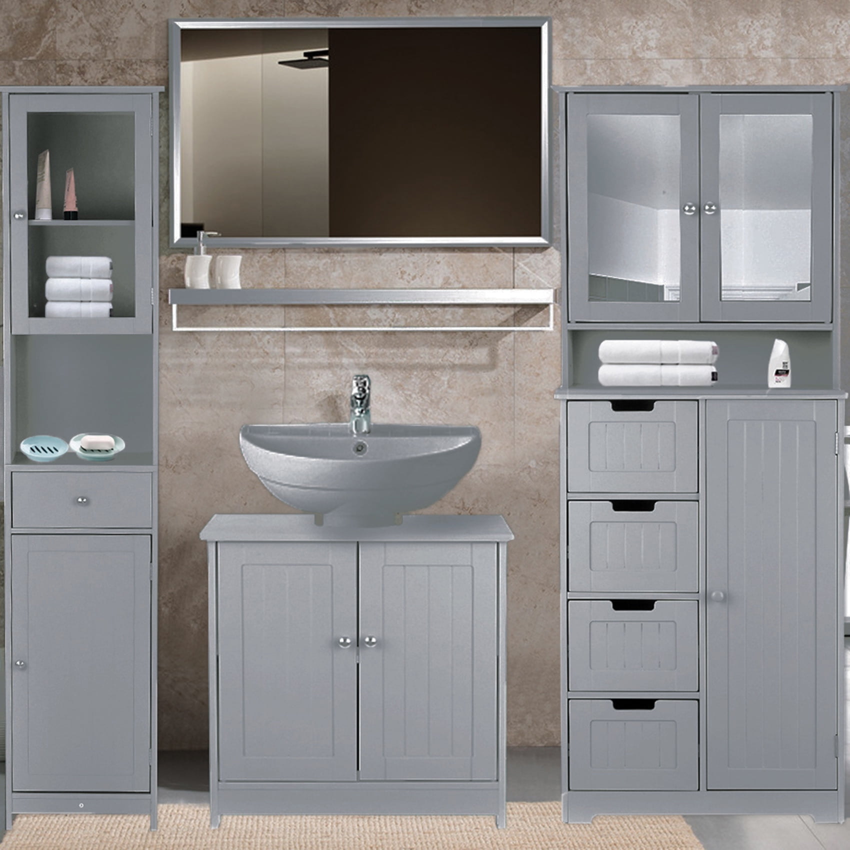 iKayaa Modern Under Sink Storage Cabinet w/ Doors Bathroom Vanity Furniture G3A7 