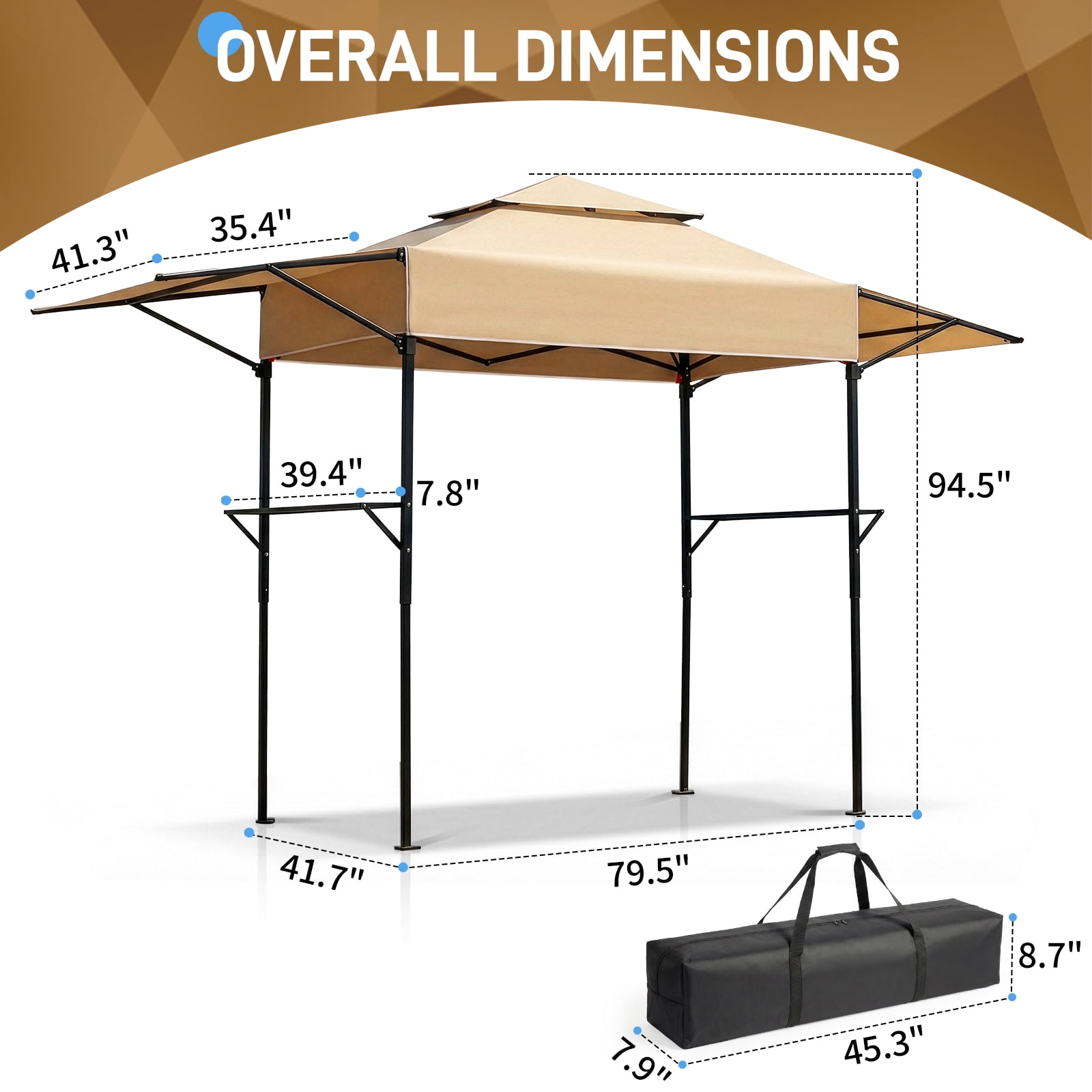 UBesGoo 12.5x3.3ft Grill Gazebo, Outdoor BBQ Gazebo with Storage Shelf,Double Tiered & Extra Adjustable Shadow,Khaki