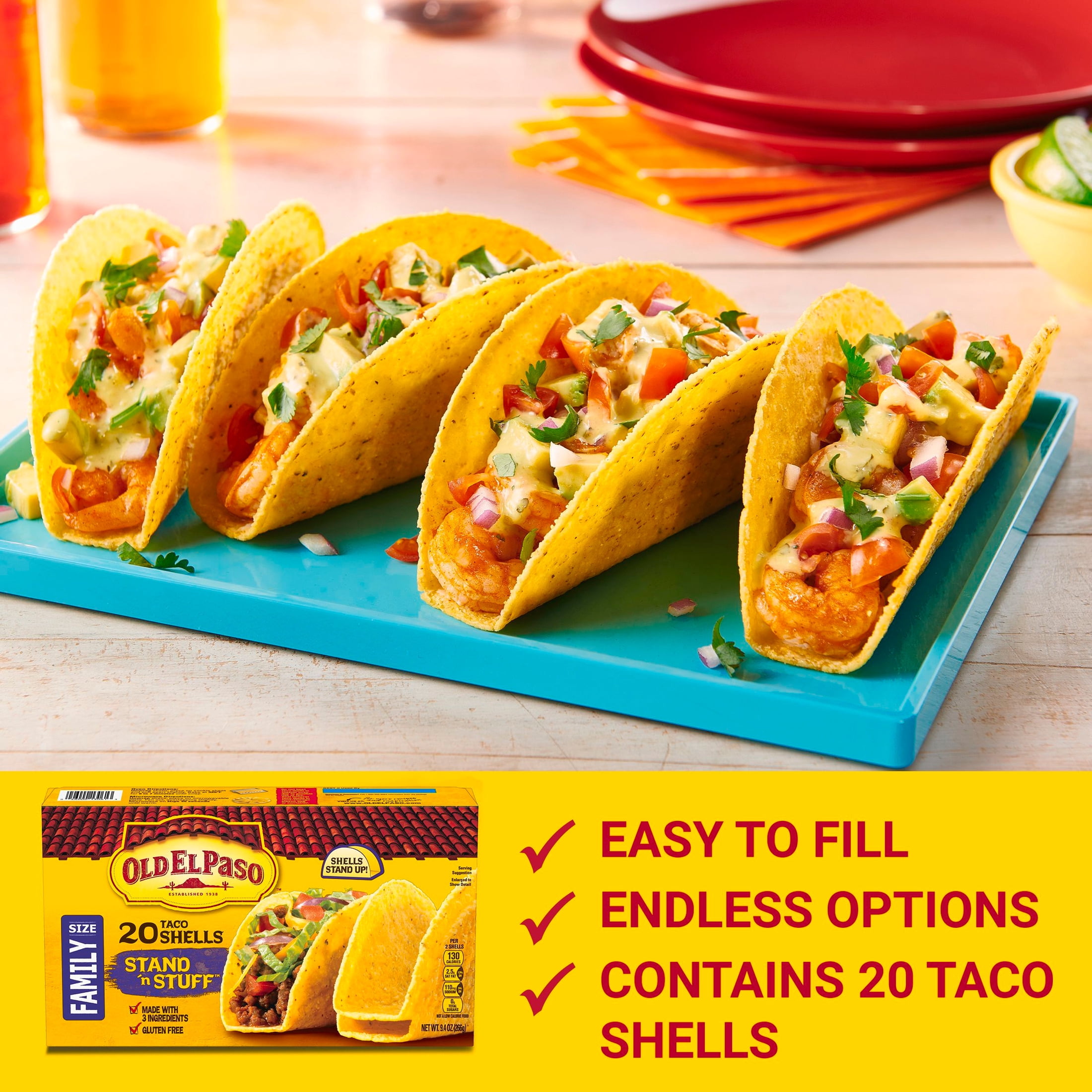 (3 pack) Old El Paso Gluten Free Stand 'N Stuff Taco Shells, Family Size (20 Taco Shells)