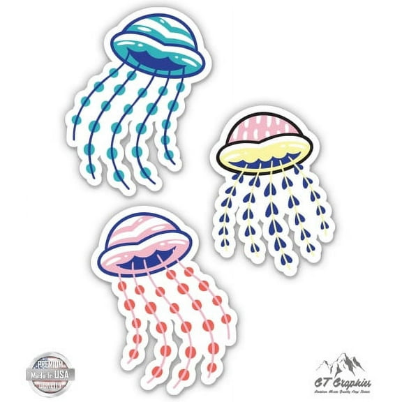 Cute Colorful Jellyfish Set of 3 - 2" each Vinyl Stickers - For Car Laptop I-Pad Phone Helmet Hard Hat - Waterproof Decals