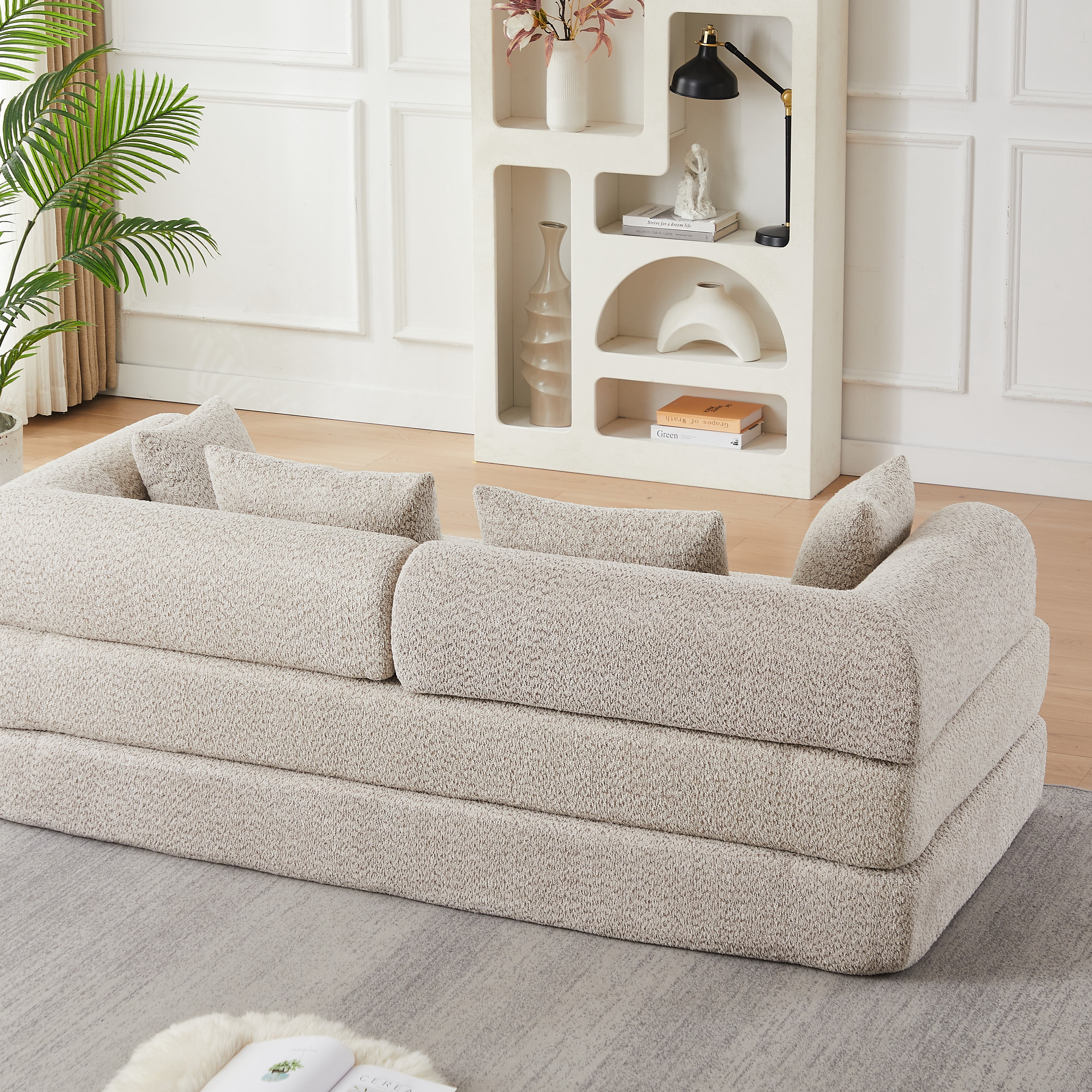 Sleeper Sofa 78.9 Inch with Chenille Fabric and Modular Design, Convertible Floor Sofa Bed and Folding Mattress Couch with Removable Armrests, Khaki