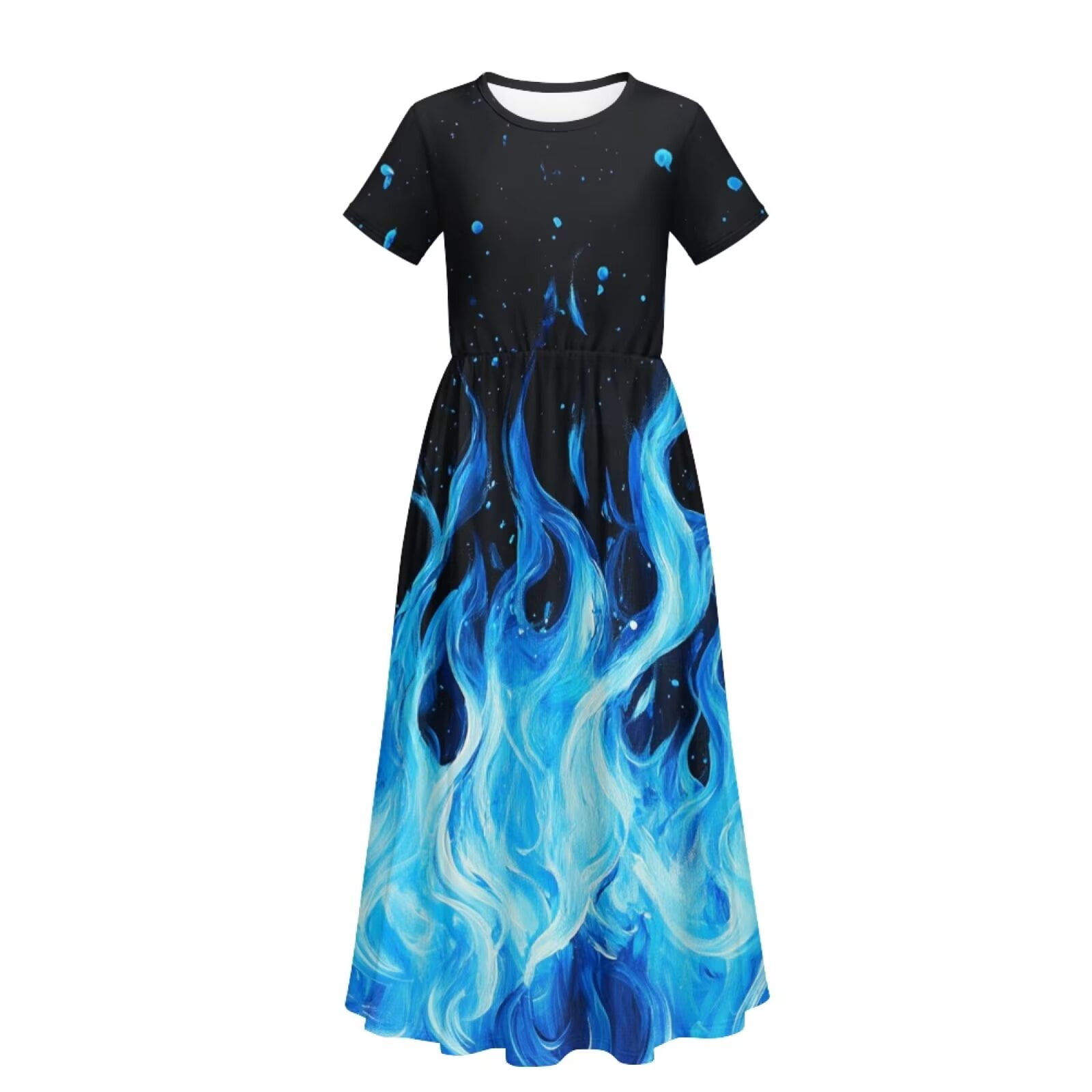 Uourmeti Girl's Maxi Dress Blue Fire Print Short Sleeve Long Dresses Crew Neck Elegant Casual Sundress with Pockets, Size 5-6 Years