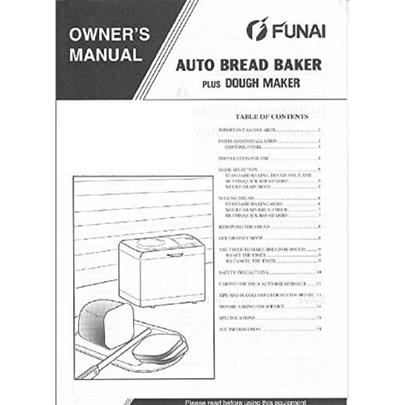 Instruction Manual ONLY for Funai Bread Machine Maker Instruction Manual B3200 REPRINT