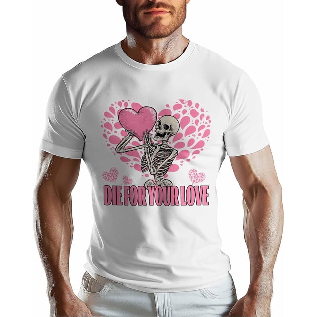 T-Shirts for Men, Abstract Skull Love Crew Neck Cotton T-Shirt Men's Short Sleeve Valentine's Day Skeleton Heart