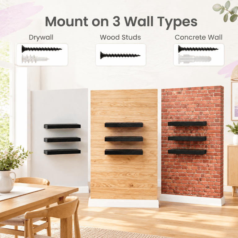 Black 24 Inch Floating Wall Shelves For Home Decor And Storage ...
