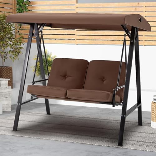 Swing Chair for Adults, 2-Seat Porch Swings with Adjustable Canopy, Outside Swing Bench with Removable Cushion, Suitable for Backyard, Garden, Yard, Poolside, Balcony (Brown)$$Garden & Patio