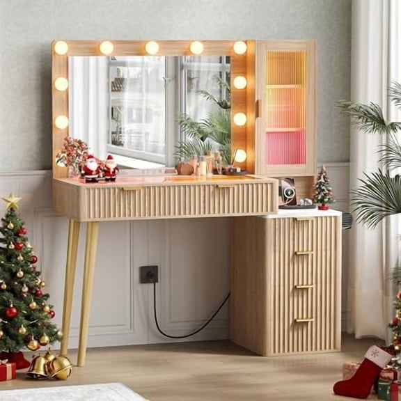 Vanity Desk with Mirror and Lights, Makeup Vanity with Power Outlet, 3 Color Adjustable Brightness, 6 Drawers Makeup Table with Glass Top, for Women and Girls, Bedroom$$Home Decor, Kitchen, & Other