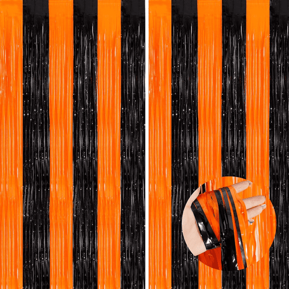 4 Pcs Halloween Black and Orange Split Color Tinsel Fringe Curtain - Party Backdrop Door Decor, Foil Streamer Curtain for Haunted House, Birthday Party & Holiday Layout