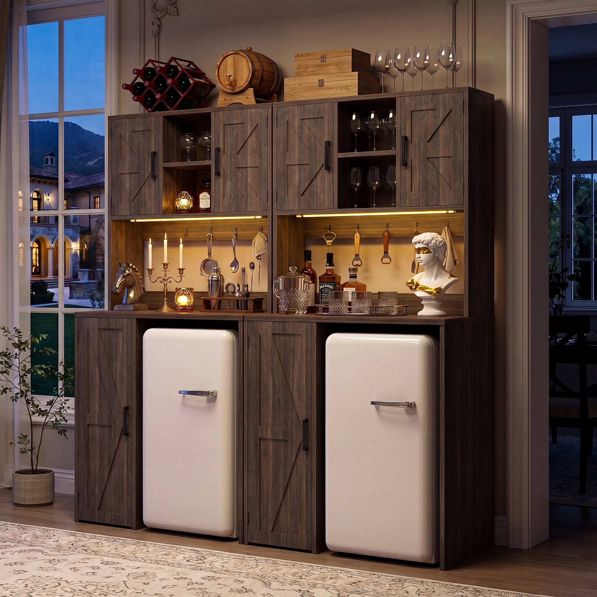 Homieasy 2-Piece Beverage Station Set - Mini Fridge Cabinet & Coffee Bar with Charging Hub, LED Light, Microwave Shelf & Wine Storage, Perfect for Kitchen, Dorm & Office,Brown