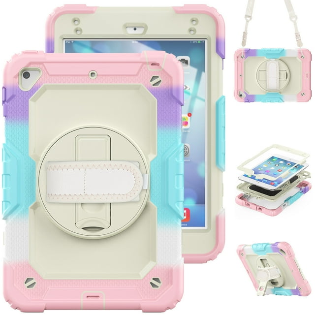 Case for iPad Mini 5 2019/Mini 4 2015 (5th/4th Generation 7.9 inch) with Screen Protector, 360 Degree Rotating Kickstand Hand Strap Shockproof Cover with Shoulder Strap, Rainbow Pink