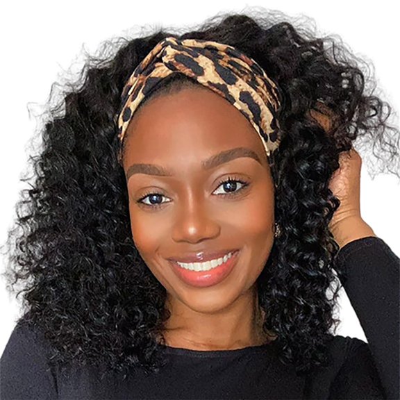 JOFMWIX Headband Wig Human Hair Short Deep Wave 10 Inch Brazilian Virgin Hair | Curly Headband Wigs for Black Women Glueless No Lace Machine Made Wig 150% Density Natural Black Color
