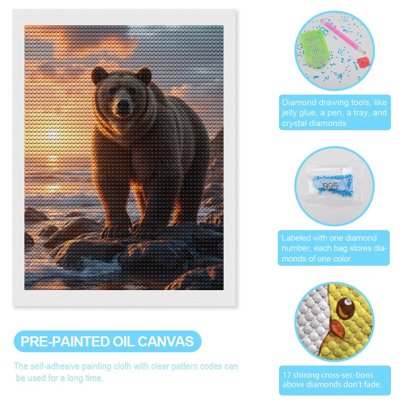 Diamond Art Kits for Adults - Bear Sunset Ocean Rocks Scene 5d Diamond Painting for Adults, Diamond Art for Adults Beginners, Frameless Diamond Painting Kits for Adults for Home Wall Decor