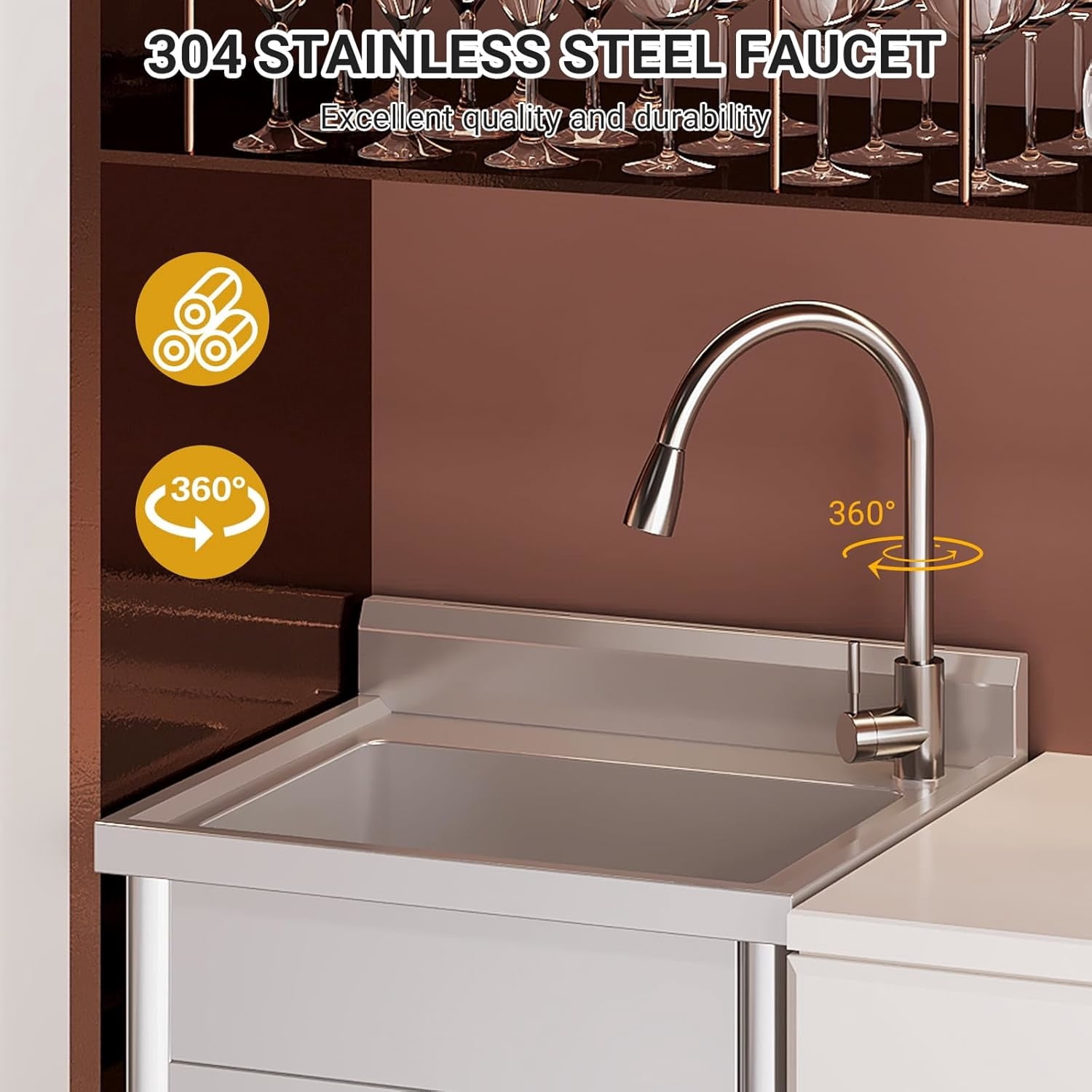 AOILE Free Standing Stainless Steel Sink, Utility Sink with Faucet & Storage Shelf for Kitchen, Garage
