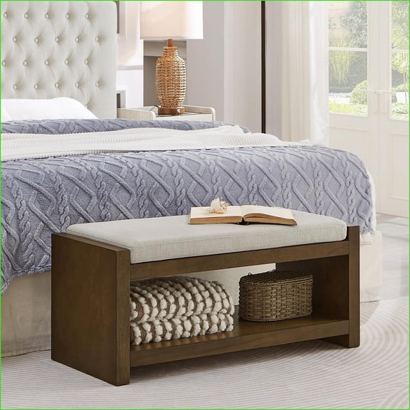 40”W Modern Accent Bench with Lower Shelf, Removable Padded Cushion - Beige | Modern | Shelves