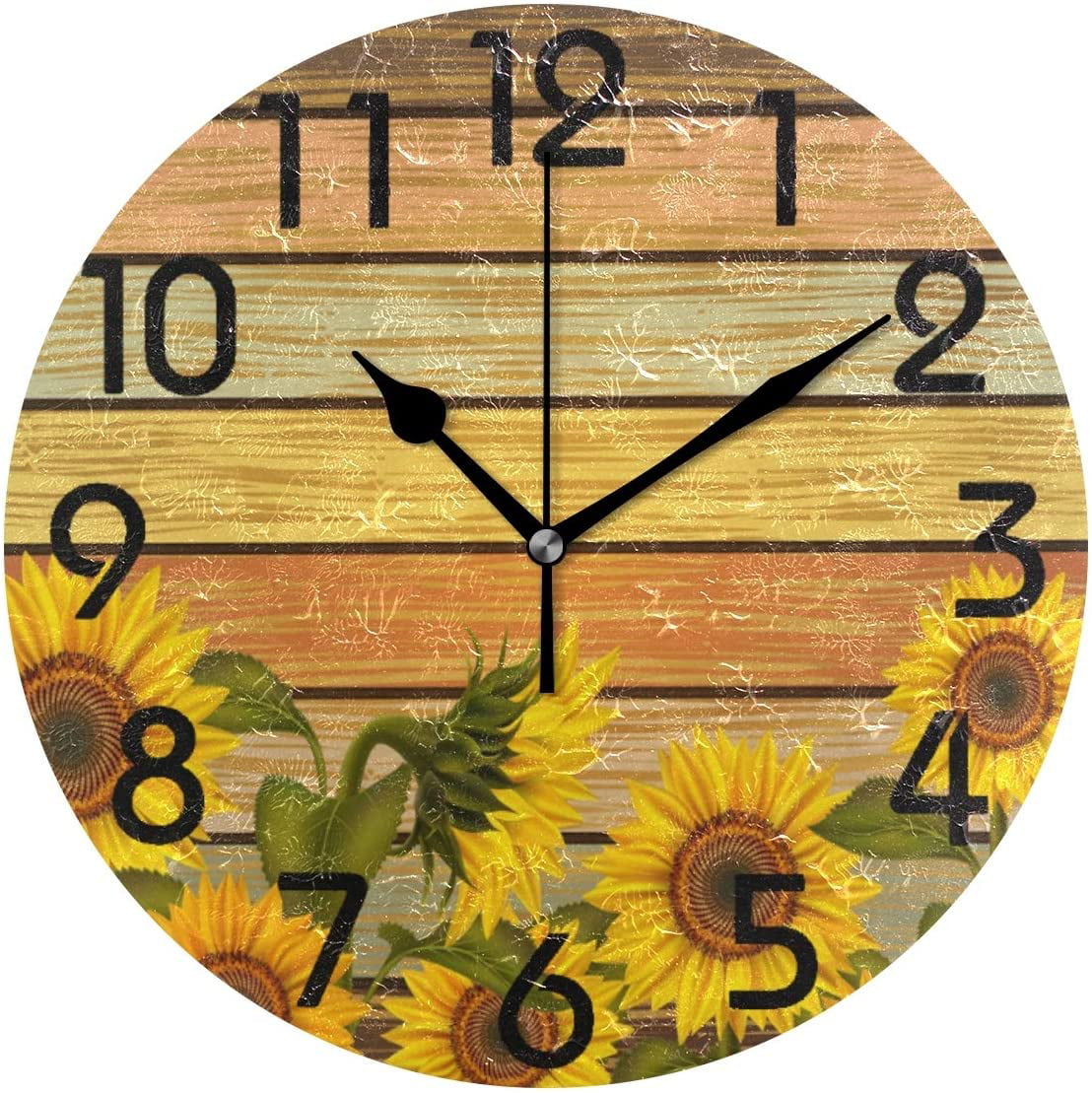 Vintage Round Wooden Wall Clock Rustic Sunflower Home Office Wall Clock 