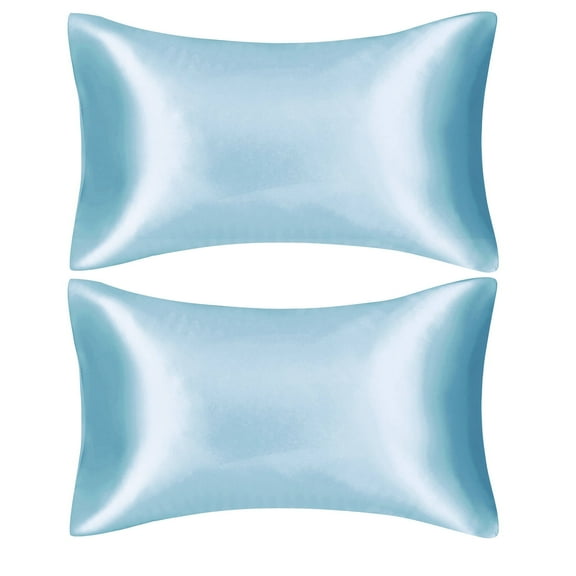AUQ 2Pcs Silk Pillow Cases Polyester Silk Hidden Zipper Satin Pillowcase Skin-Friendly Breathable Dry Satin Pillowcase with Zipper 20x30in,Light Blue
