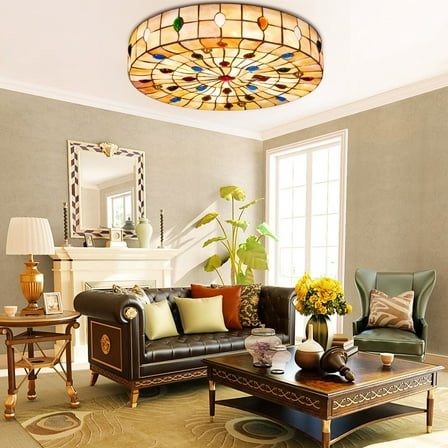 Miumaeov Tiffany Style Ceiling Light Fixture Vintage Stained Glass Flush Mount Hanging Pendant Lamp Decoration