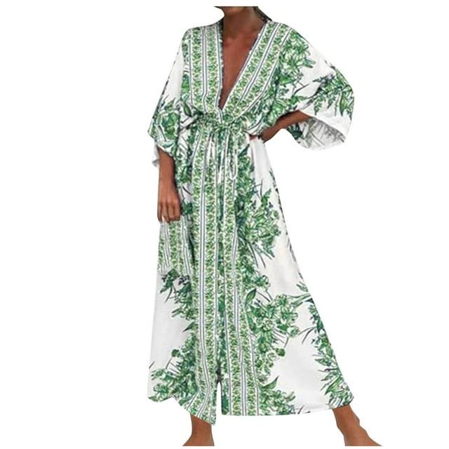 Birdeem Robe Longue d'Été pour Femmes Mode Imprimée Manches Longues Col en V Robe à Manches Longues pour Femmes