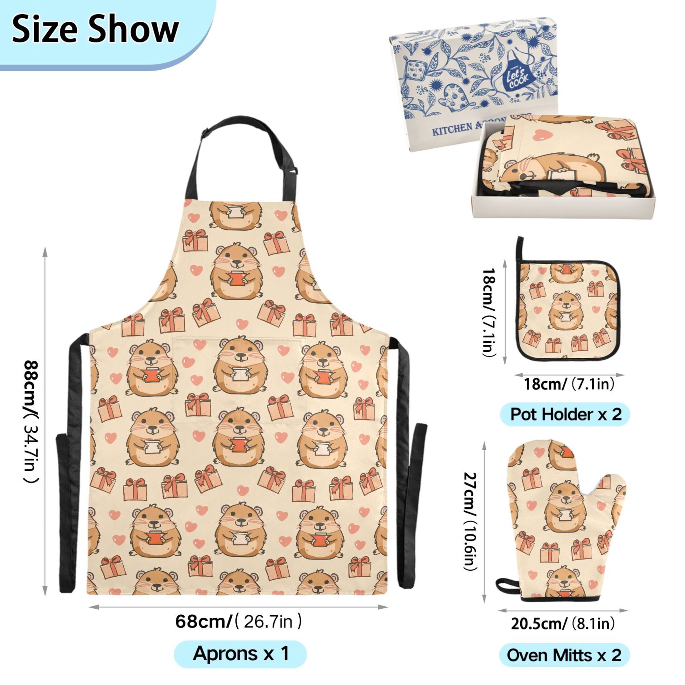 5 Pcs Kitchen Set Heat Resistant Oven Mitts and Non-Slip Pot Holders with Adjustable Cooking Apron Capybara Holding Gift