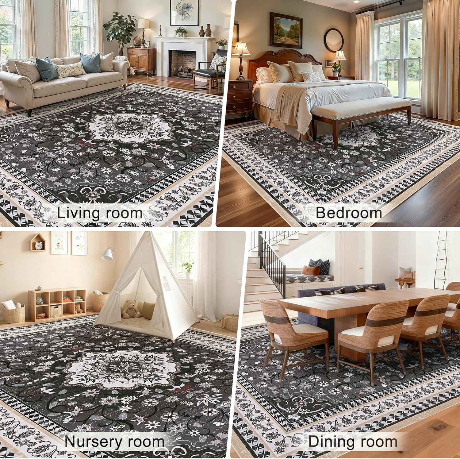 Bleum Cade Large Area Rug for Living Room, 5x7 Machine Washable Boho Rug for Bedroom, Soft Low Pile Non Slip Boho Dining Room Rug, Floral Vintage Floor Carpet for Bedroom Home Office,Black