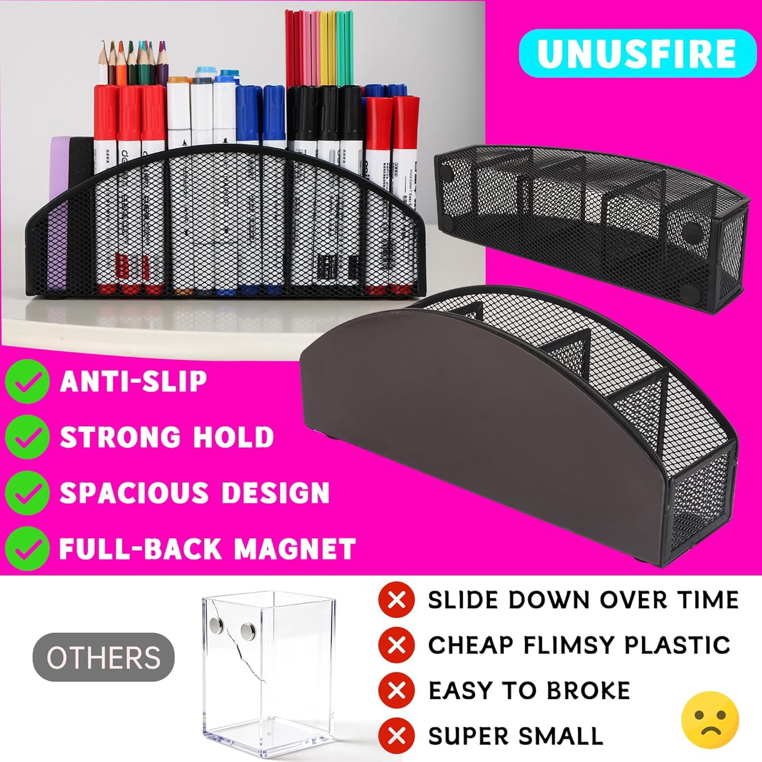 Large Magnetic Whiteboard Organizer 5-Slot Metal Mesh Dry Erase Marker Holder Heavy Duty Pencil Cup Caddy for Fridge Office Black