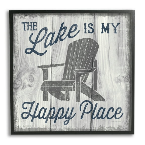 Stupell Industries Happy Place Lake Phrase Inspirational Painting Black Framed Art Print Wall Art, 12 x 12