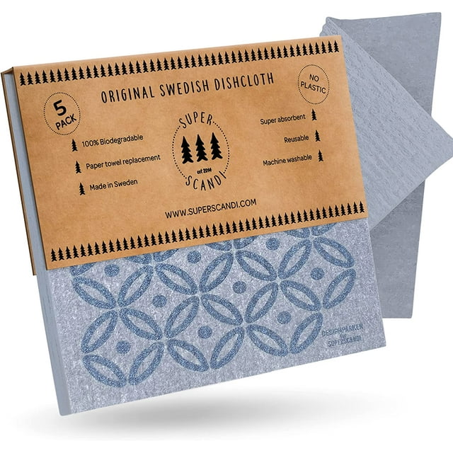 SUPERSCANDI 5 Pack Swedish Dish Cloths for Kitchen - 100% Biodegradable & Compostable | Washable Kitchen Cloths, Food-Safe&Without Plastic - Reusable Paper Towel for Any Surface |Artdeco Silver,Grey