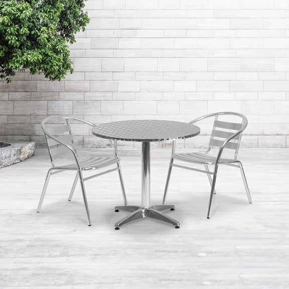 Emma   Oliver 31.5" Round Aluminum Table Set with 2 Slat Back Chairs