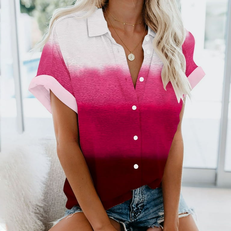 ZQGJB Women Tops to Hide Belly Tunics Casual Color Block Printed Short  Sleeve Button Neckline T-Shirts Trendy Flowy Comfy Blouse for Leggings Hot  Pink